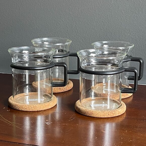 4 Bodum Bistro Glass Coffee Espresso Cups Black Handles Cork Coasters Picard - Picture 1 of 5